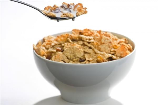 bowl of cereal with raisins and milk isolated