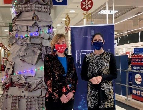 Christmas tree made from recycled household waste and recycled clothes hangers at Tesco