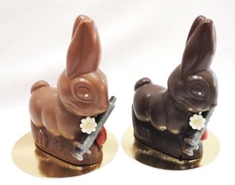 A Hungarian confectioner made chocolate bunnies holding vaccines for Easter